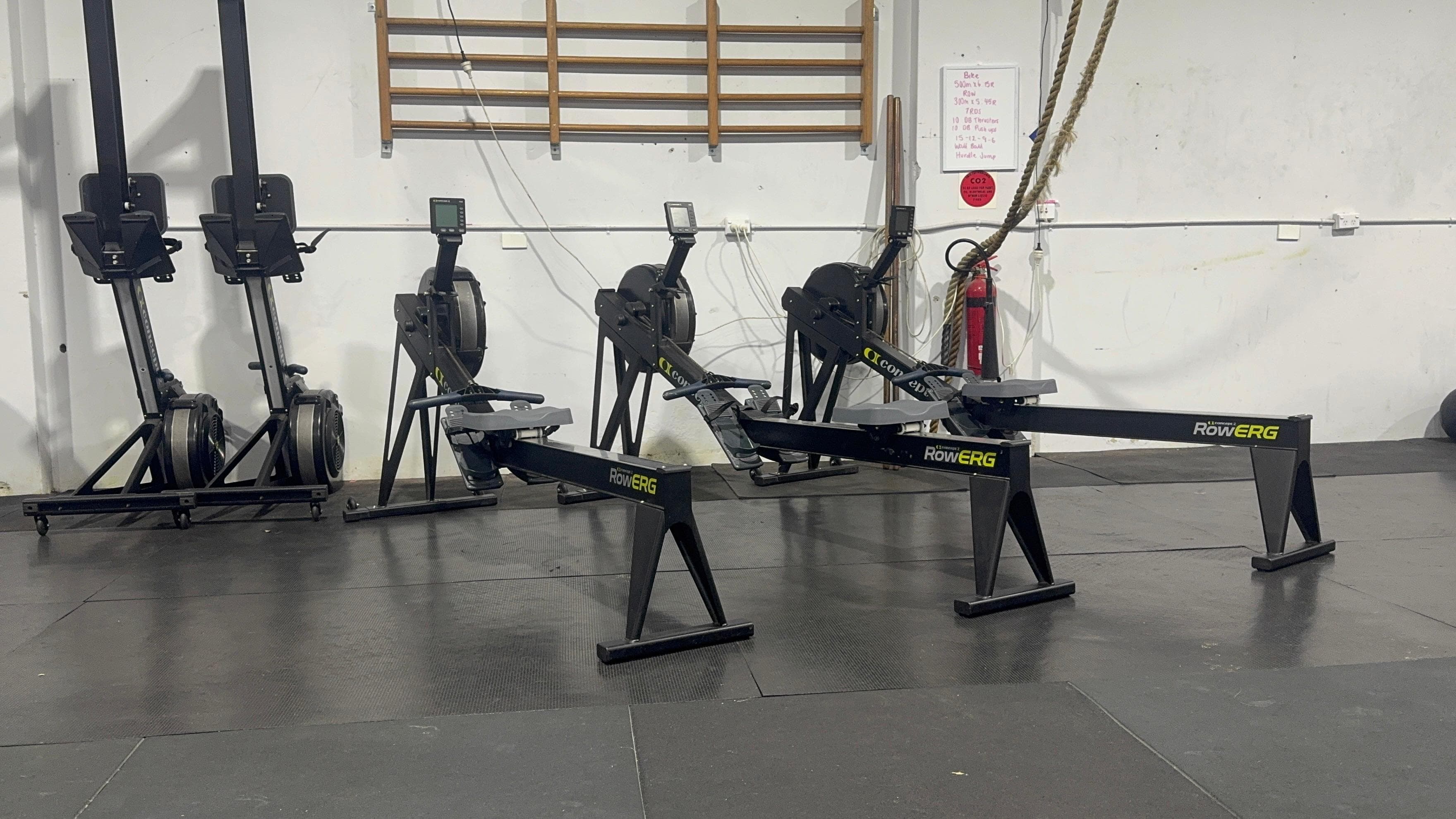 Three rowing machines lined up along the gym wall